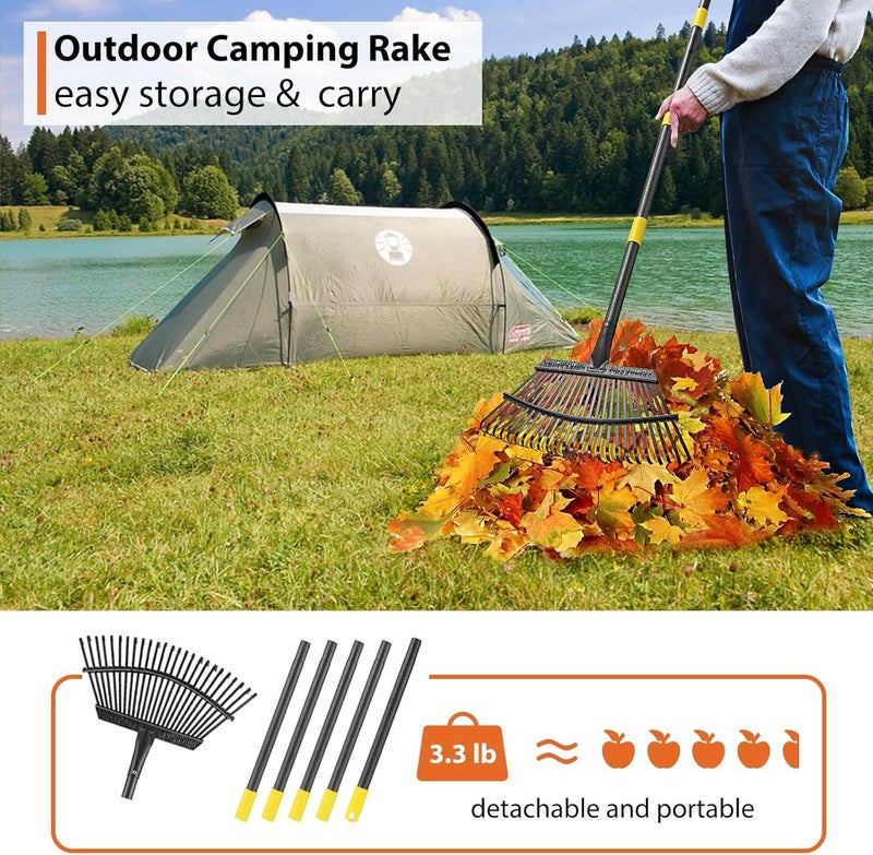 Feblomst Rake, Gardening Rakes for Leaves Lawns Heavy Duty, 79 in Leaf Rake with 25 Clog-Free Tines, 18.5” Wide Large Head, Metal Garden Tools for Yard Quick Cleanup Garss, Debris, Detachable for Camping - Image 5